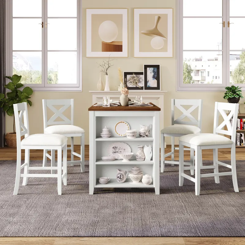 5 Pieces Counter Height Rustic Farmhouse Dining Room Wooden Bar