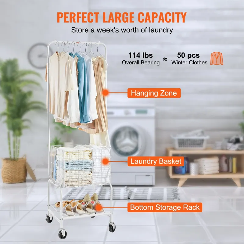 Metal Rolling Laundry Basket with Hanging Garment Rack — photo 5