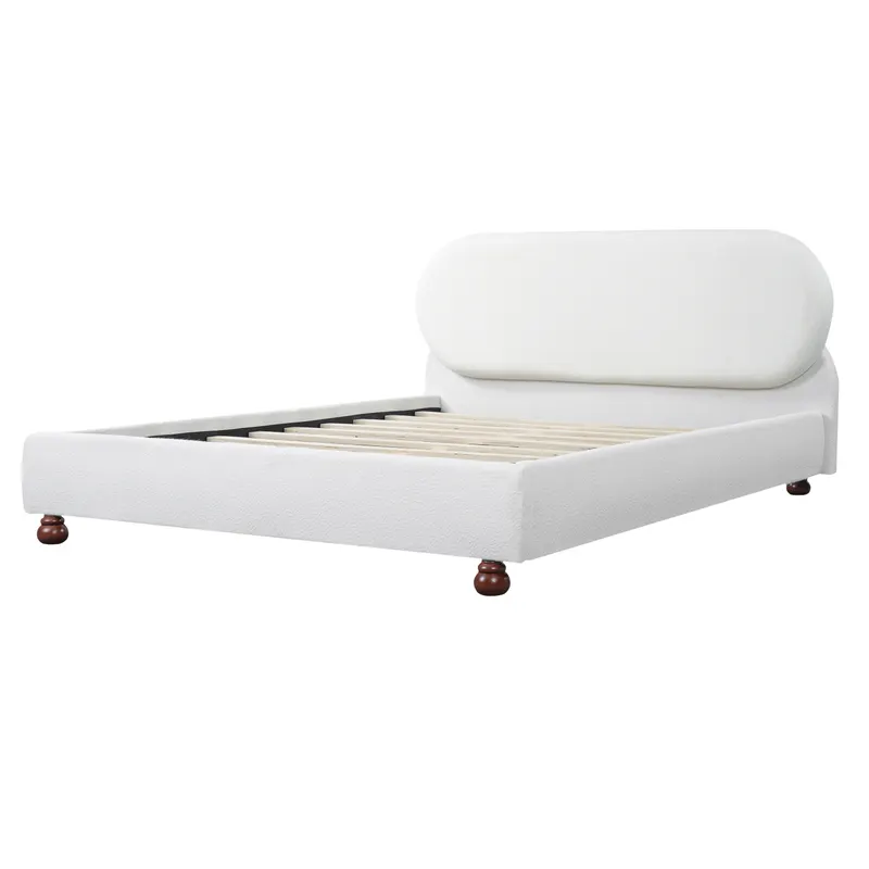 Cream-colored Boucle Upholstered Bed with Rubber Wood Foot — photo 5