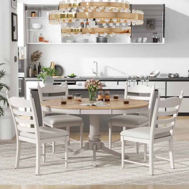 TREXM 5-Piece Retro Functional Dining Table Set Wood Round