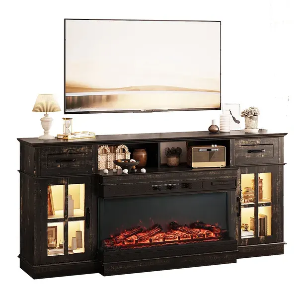 70-inch Black Gold Oak Electric Fireplace TV Stand β photo 2