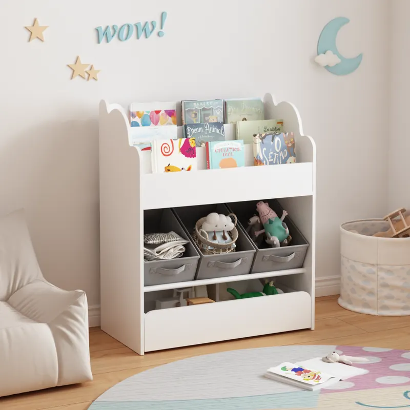 Kids Bookshelf with Storage Bins and Drawer