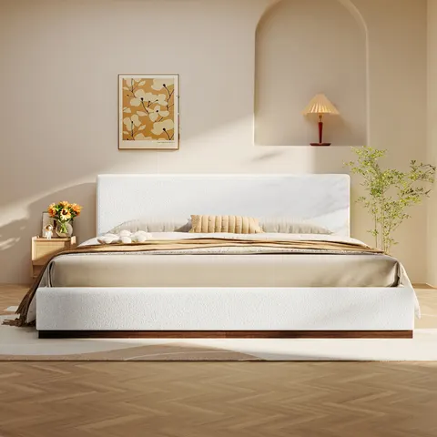 Elegant White Fabric Upholstered Bed with Nice Wood Grain