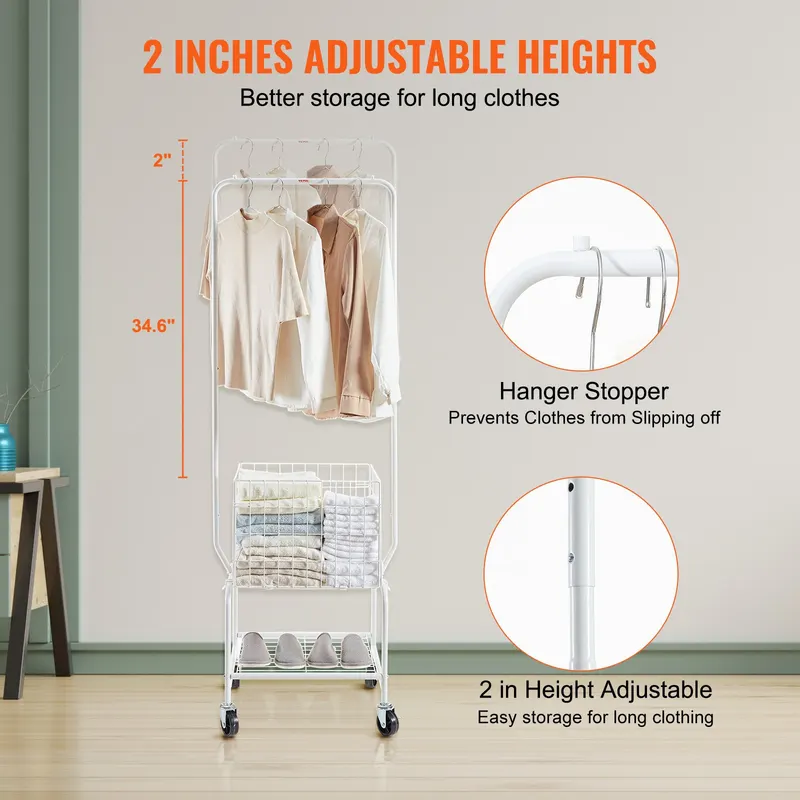 Metal Rolling Laundry Basket with Hanging Garment Rack — photo 3