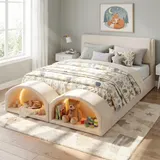 Queen Size Upholstered Platform Bed Frame with Dual Cat Caves — photo 6