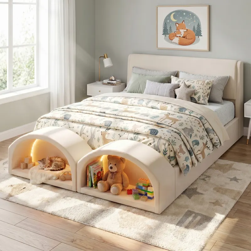 Queen Size Upholstered Platform Bed Frame with Dual Cat Caves — photo 6