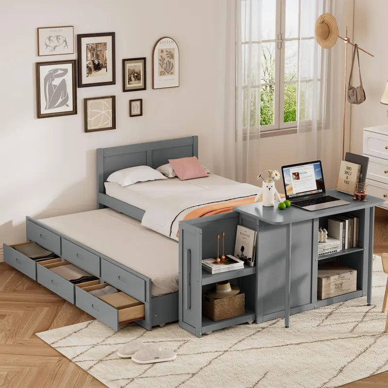 Twin Size Multifunctional Wood Platform Bed with Desk — photo 5