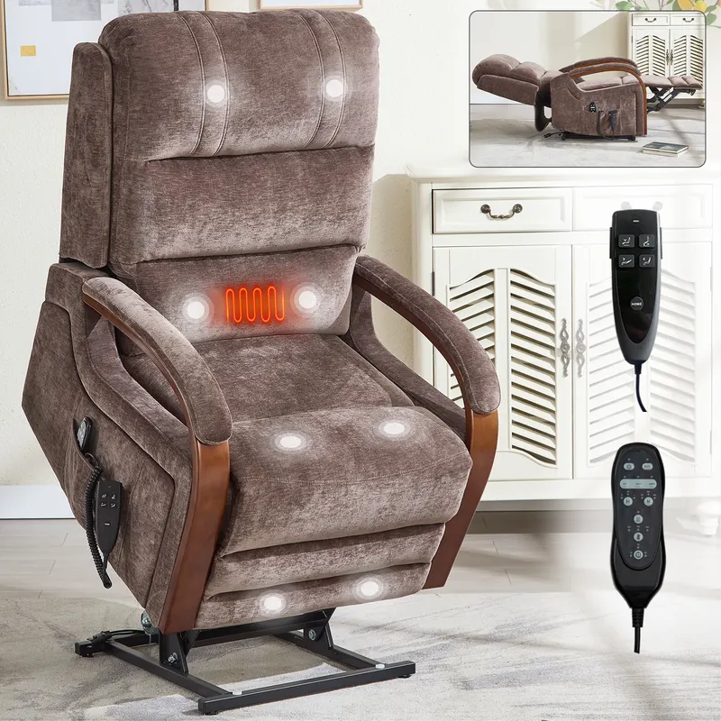 Power Brown Chenille Lift Recliner Chair Dual Motor Infinite