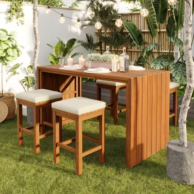 Patio & Backyard: 5 Piece Outdoor Bar Set — Patio Acacia Wood Bar Height Table
